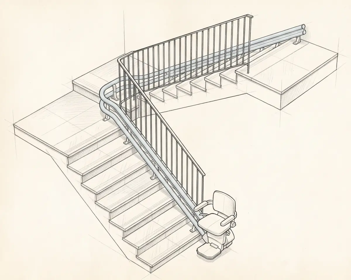 Dibujo a lápiz de una escalera en L con descansillo: el raíl se dobla por el lado interior del giro y sigue hasta arriba sin cortes (ilustración generada con IA)