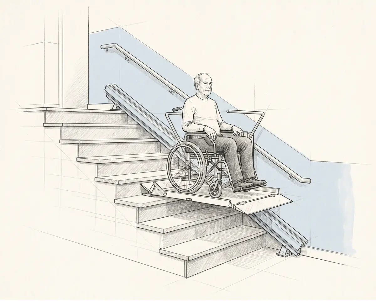 Dibujo a lápiz de un hombre en su silla de ruedas subiendo sobre una plataforma salvaescaleras por la escalera del portal (ilustración generada con IA)