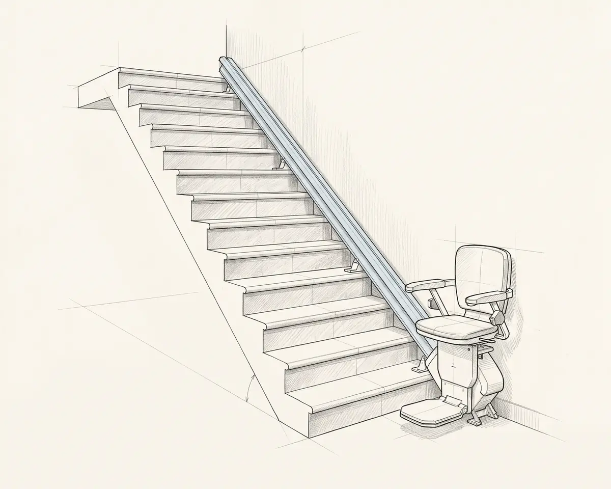Dibujo a lápiz de una escalera recta con un raíl recto fijado a los peldaños y la silla salvaescaleras esperando abajo (ilustración generada con IA)