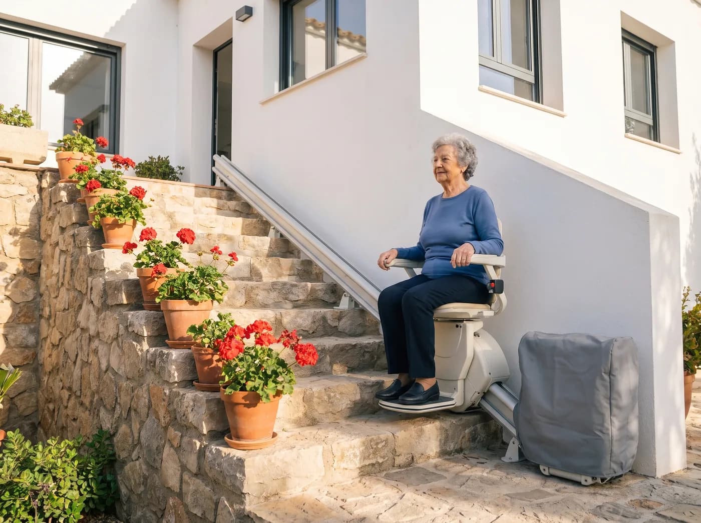 Una mujer mayor sube sentada en una silla salvaescaleras por la escalera exterior de piedra de su casa, con macetas de geranios (imagen generada con IA)