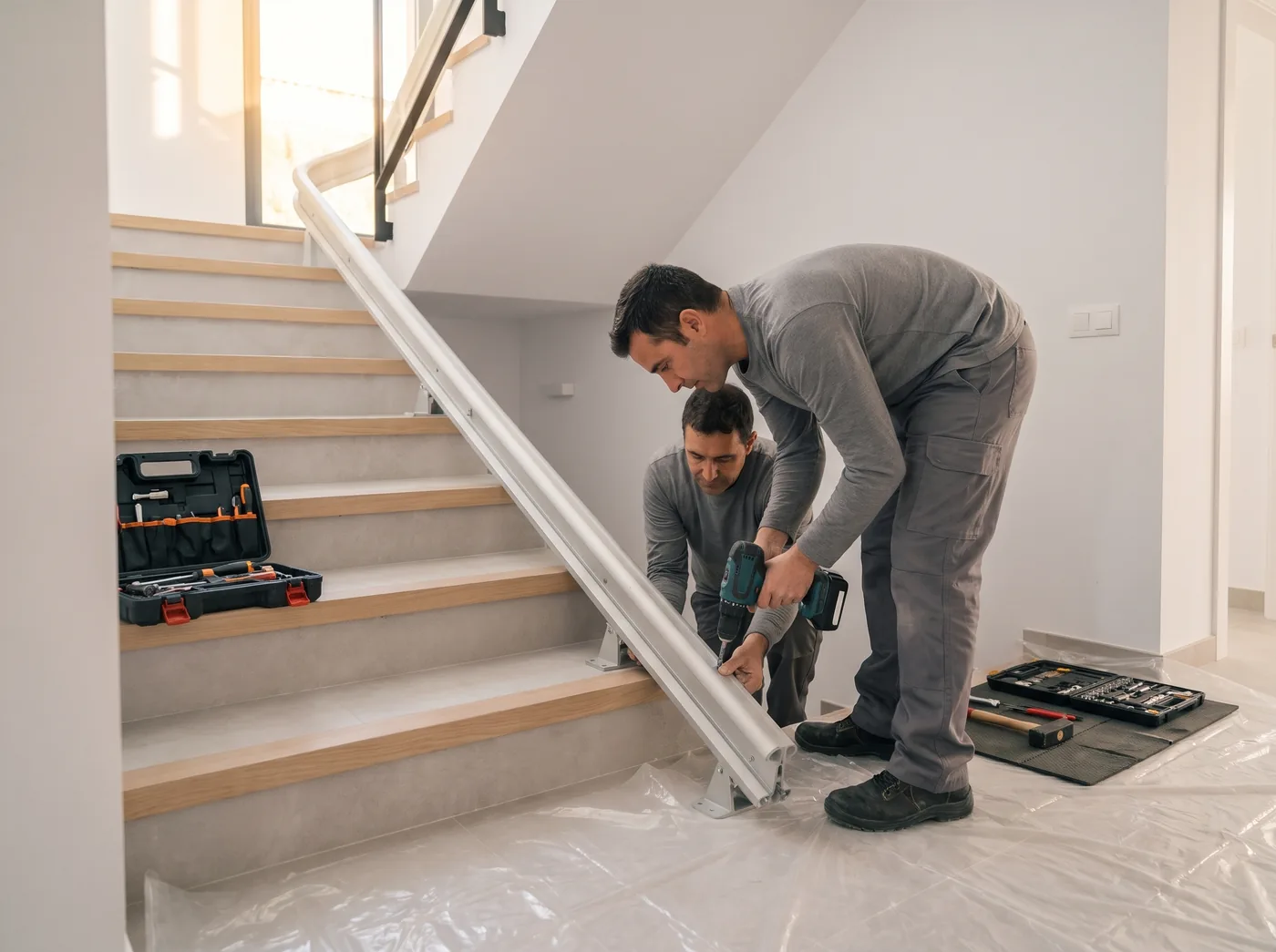 Dos instaladores atornillan los soportes de un raíl a los peldaños de una escalera (imagen generada con IA)