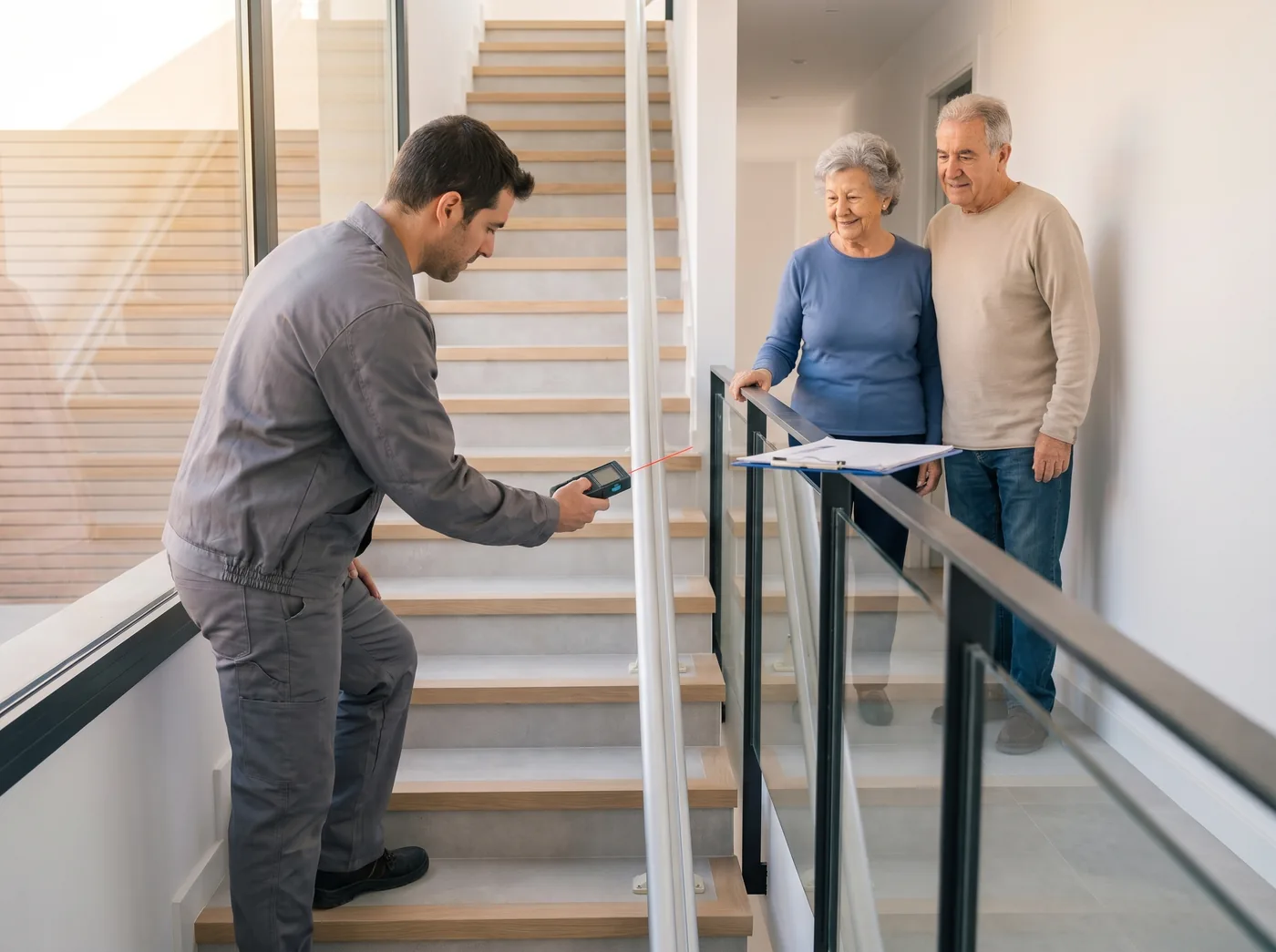 Un instalador mide una escalera con un medidor láser mientras una pareja mayor mira (imagen generada con IA)